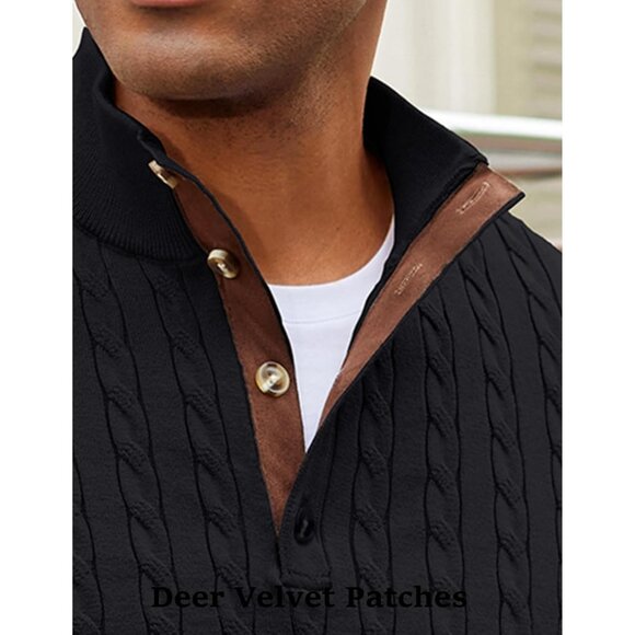 Men's Cable Knitted Pullover Sweaters Long Sleeve Stand Collar Button Up Black - Picture 4 of 6